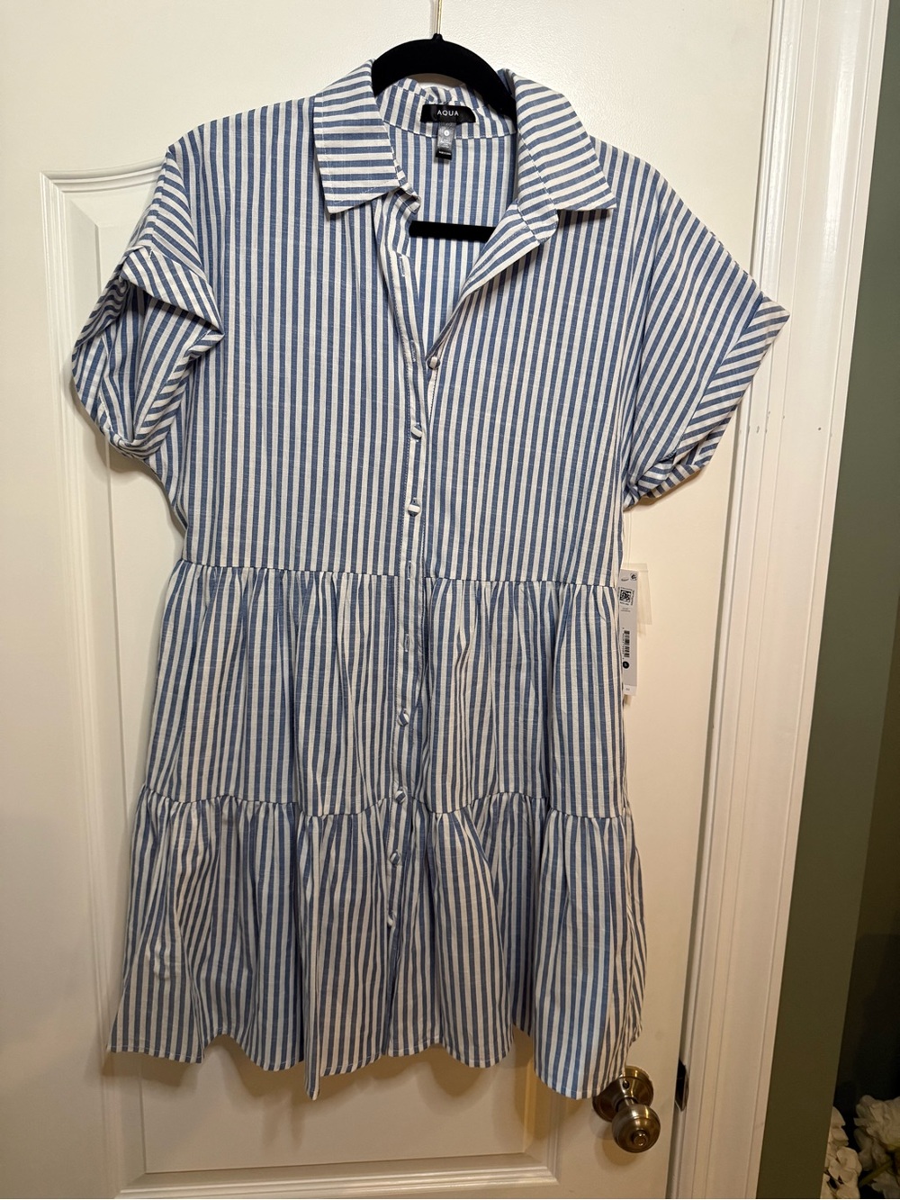 Aqua Blue and White Striped Tiered Shirt Dress for Women